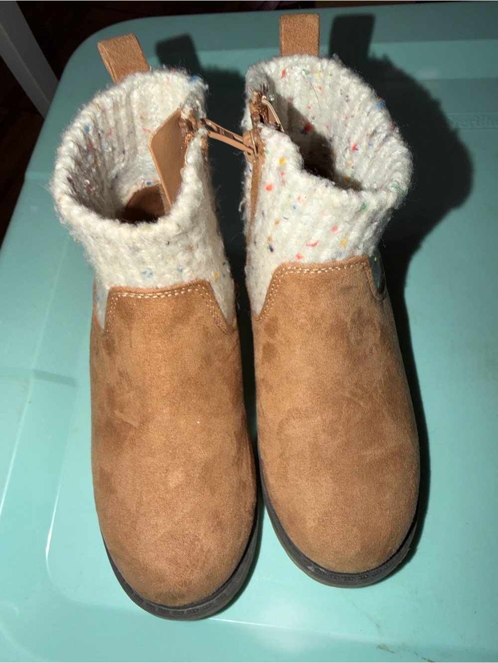 Cat & Jack | Tan Suede Boots with Cream Speckled Knit Collar, size 10